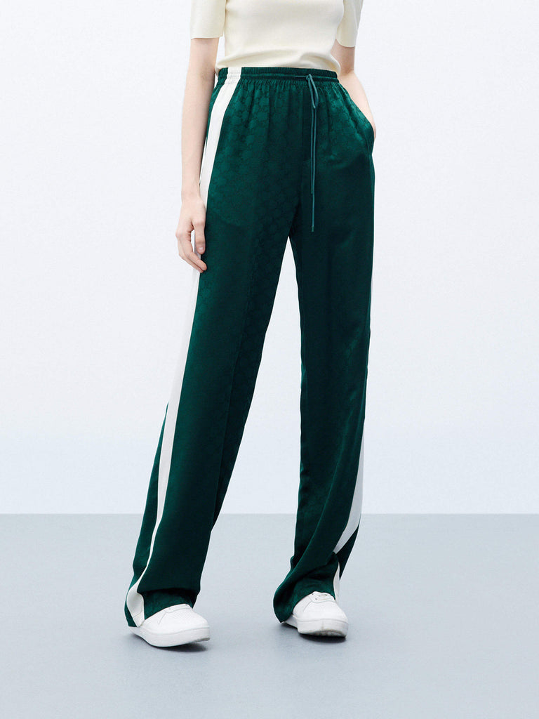 MO&Co. Women's Green Silk Blend Contrast Elastic Waist Track Pants with Monogram Jacquard