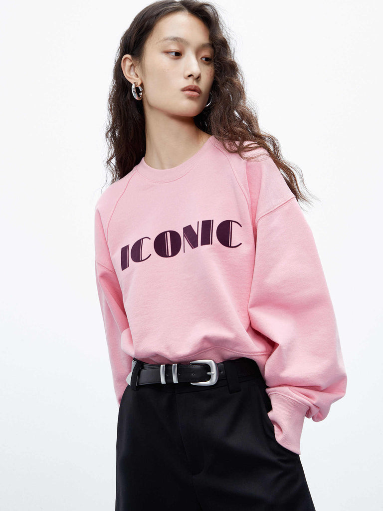 MO&Co. Women's “ICONIC” Letter Print 100 Cotton Casual Sweatshirt Relaxed in Pink