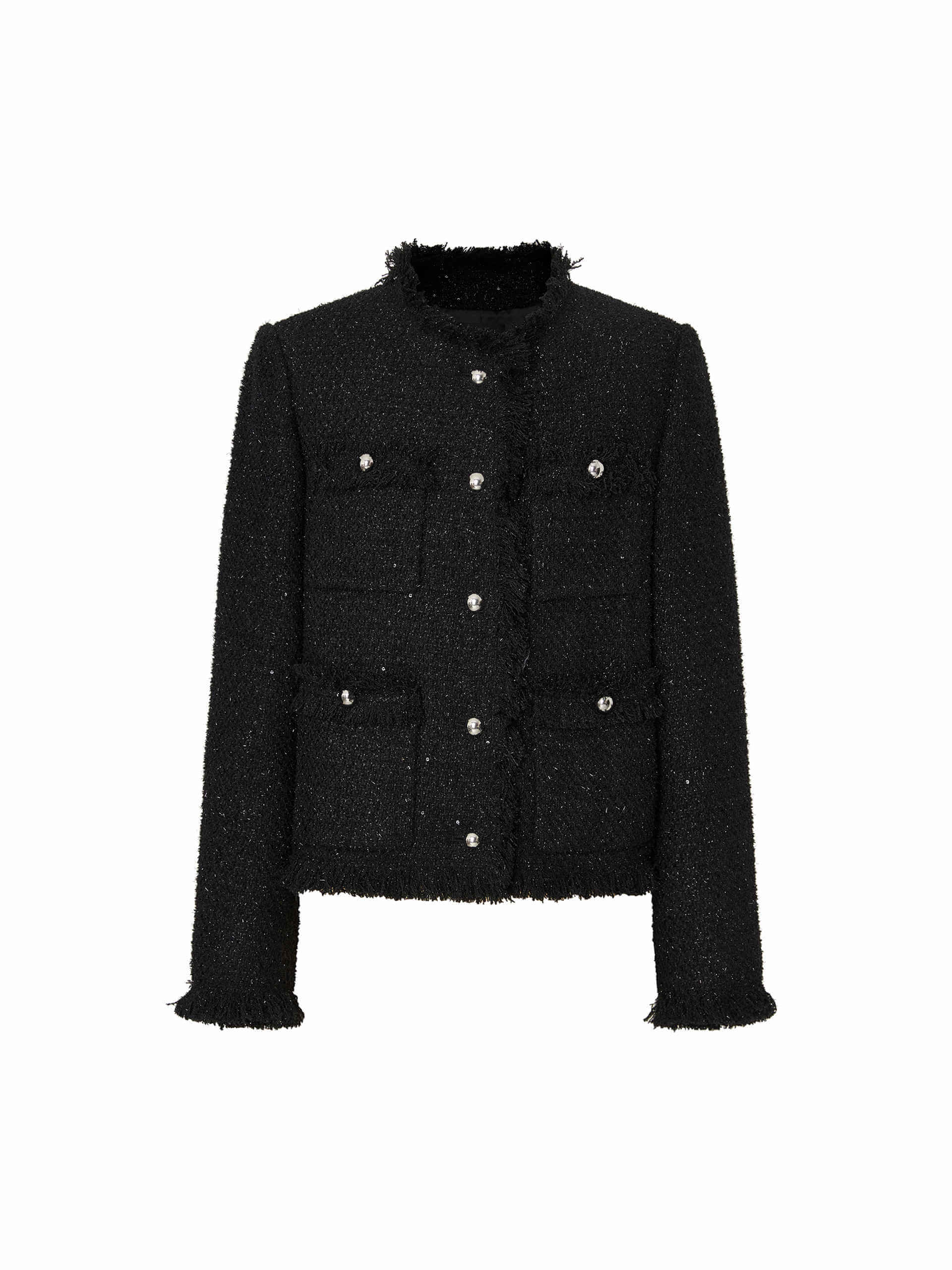 MO&Co. Women's Sequin-embellishment Frayed Trim Tweed Jacket in Black