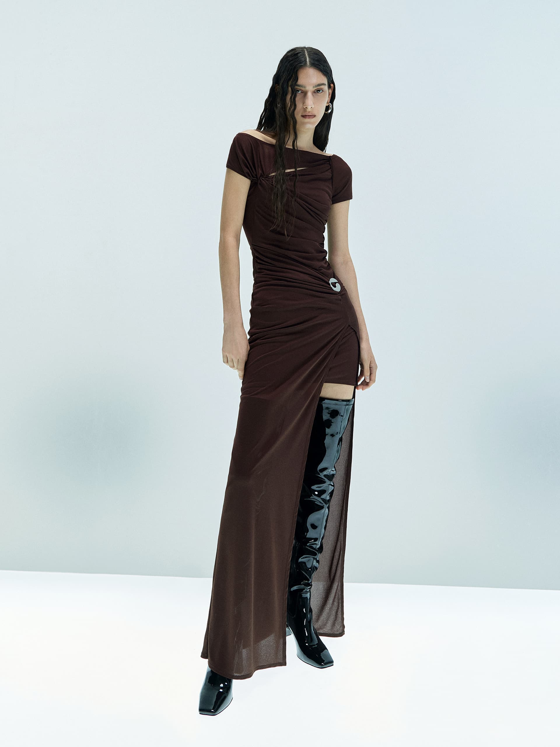 MO&Co. X Coperni Collection | Women's Asymmetric Draped Maxi Dress in Brown