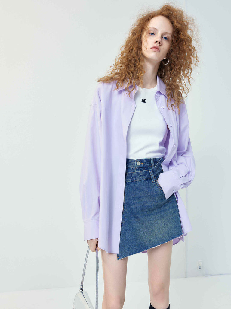 MO&Co. Women's Purple Classic Oversized Pocket Cotton Blend Shirt