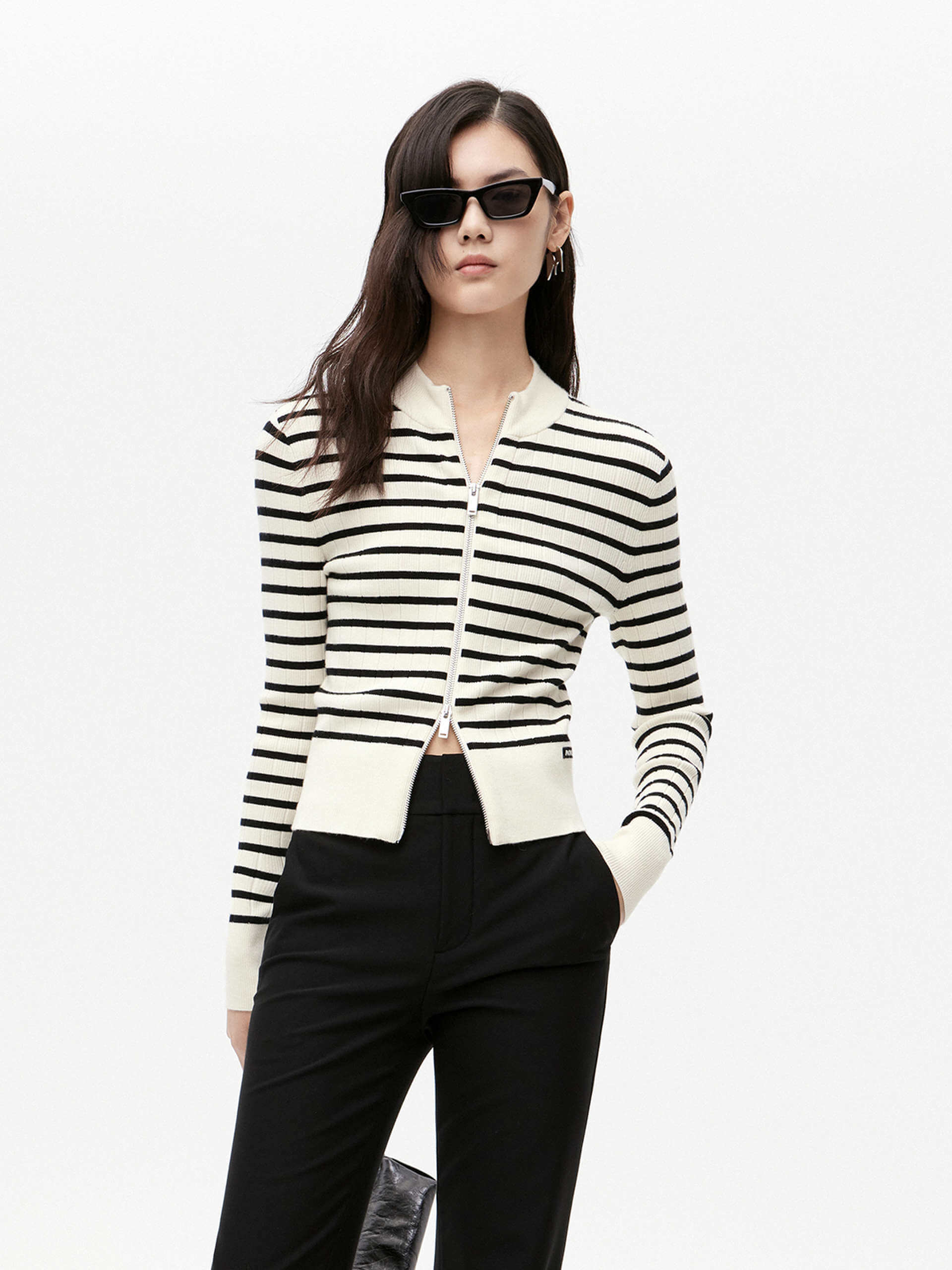 MO&Co. Women's Zip Up Wool Blend Slim Fit Knitted Cardigan in Black and White Striped