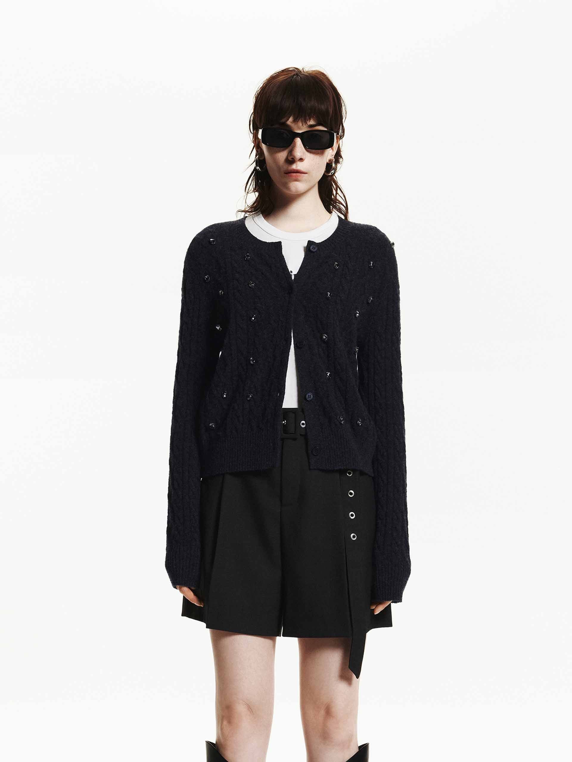 MO&Co. Women's Crystal Embellishment Cable Knit Cardigan in Dark Grey