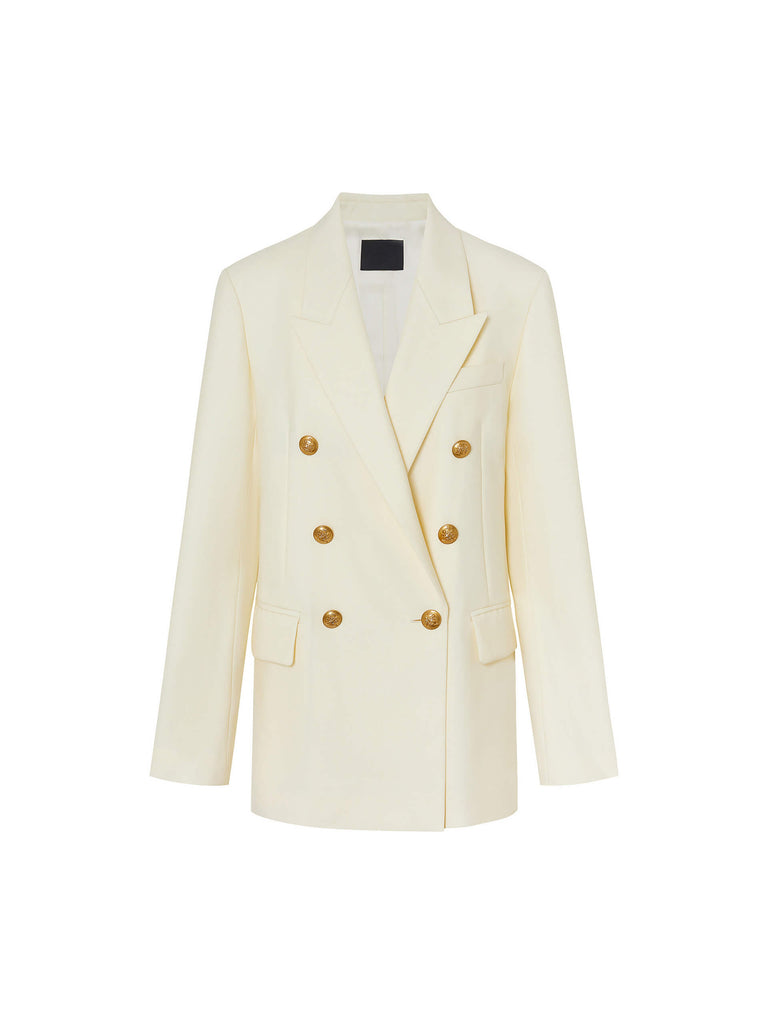MO&Co. Women's Double Breasted Wool Blend Tailored Blazer Day-to-Day in Cream with Metallic Buttons