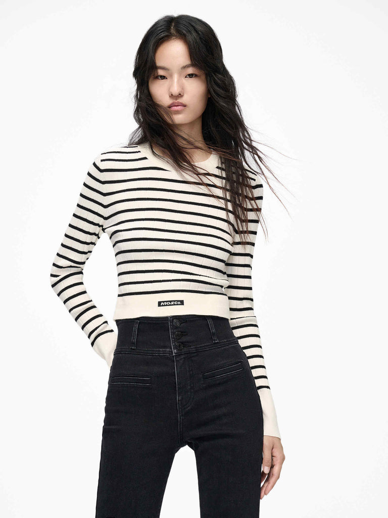 MO&Co. Women's Cropped Tight Fit Striped Rib Knit Top Long Sleeves in Black and White