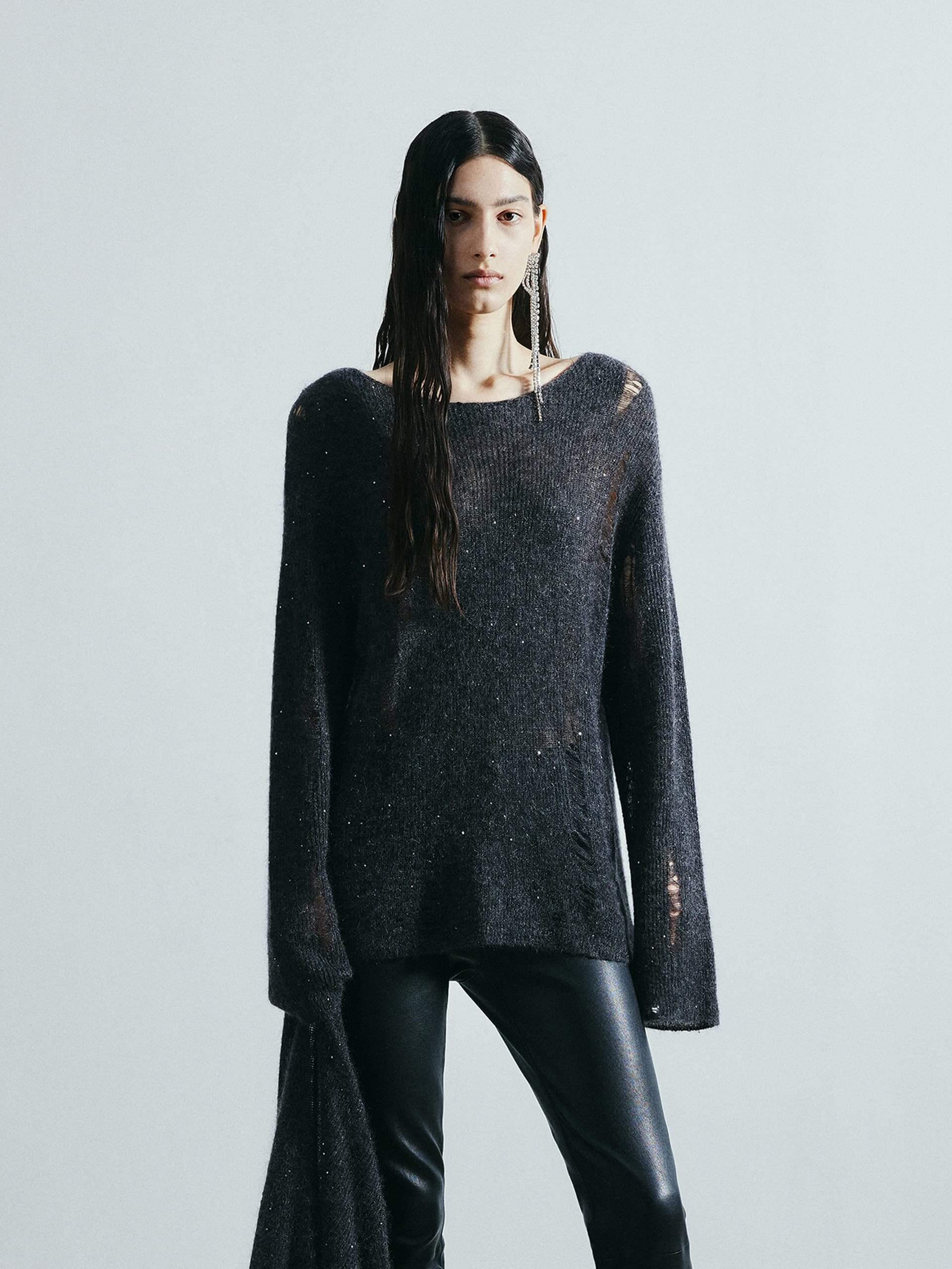 MO&Co. Noir Women's Distressed Sequins Detail Lightweight Loose Sweater in Dark Grey