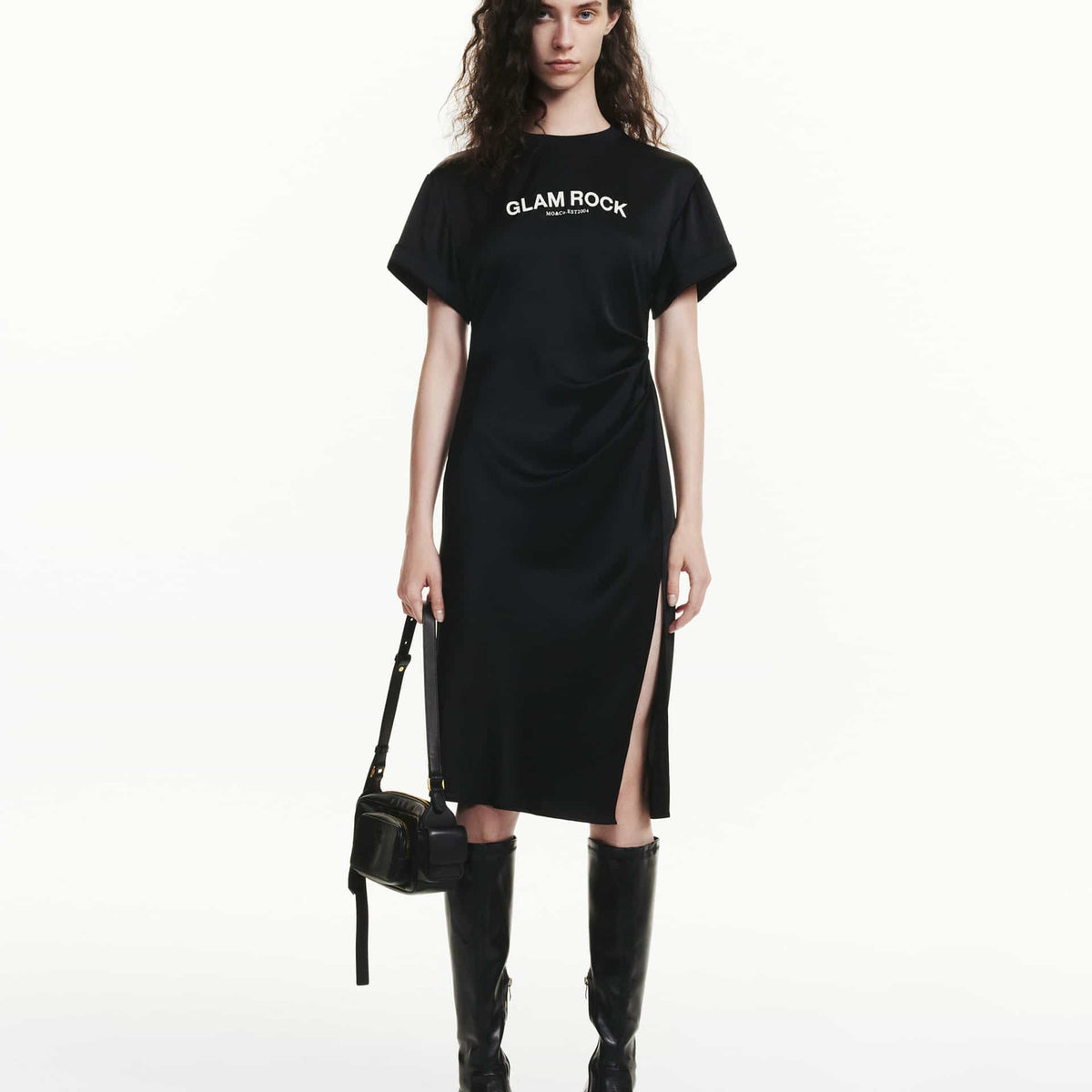 MO&Co. Women's Side Slit Pleated Acetate Blend Midi Dress with Slogan Print