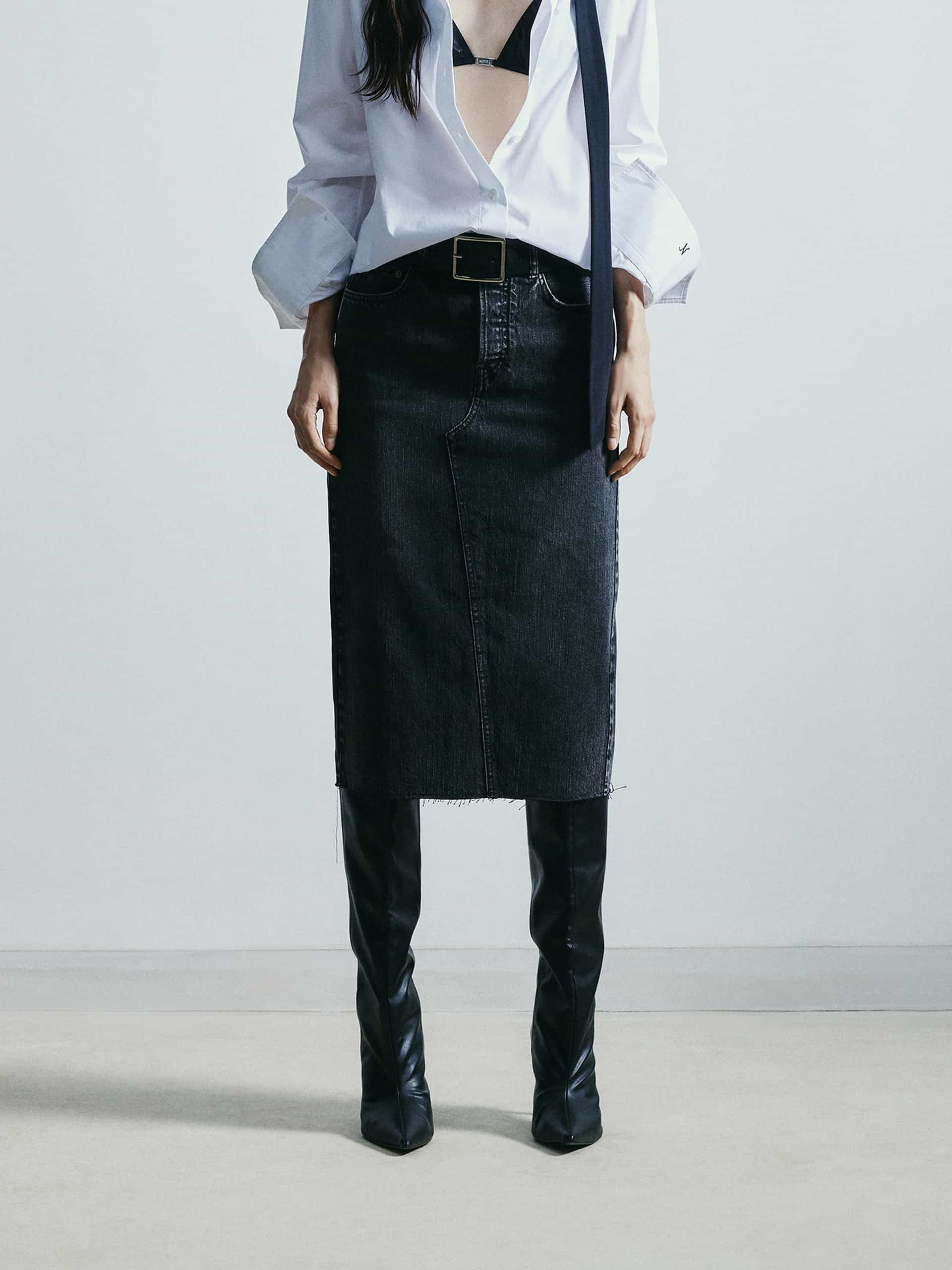 MO&Co. Noir Women's Back Slit Vintage Washed Midi Denim Skirt