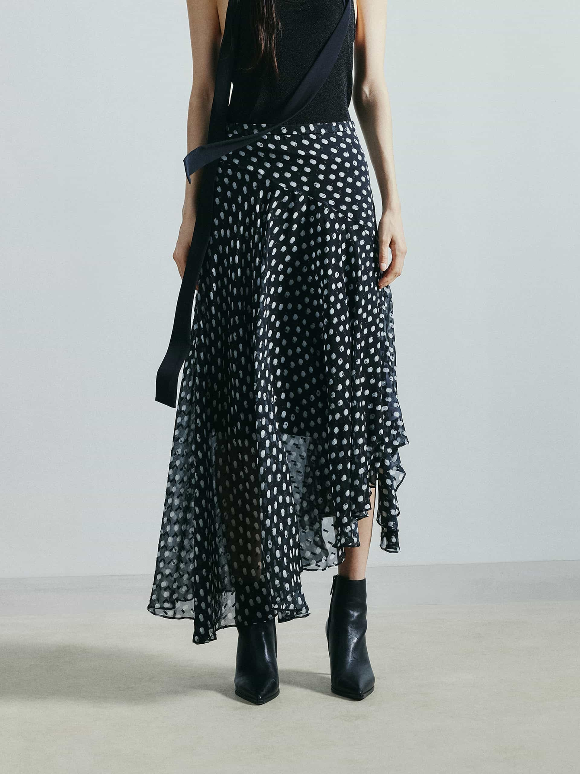 MO&Co. Noir Women's Asymmetric Polka Dot Midi Silk Skirt