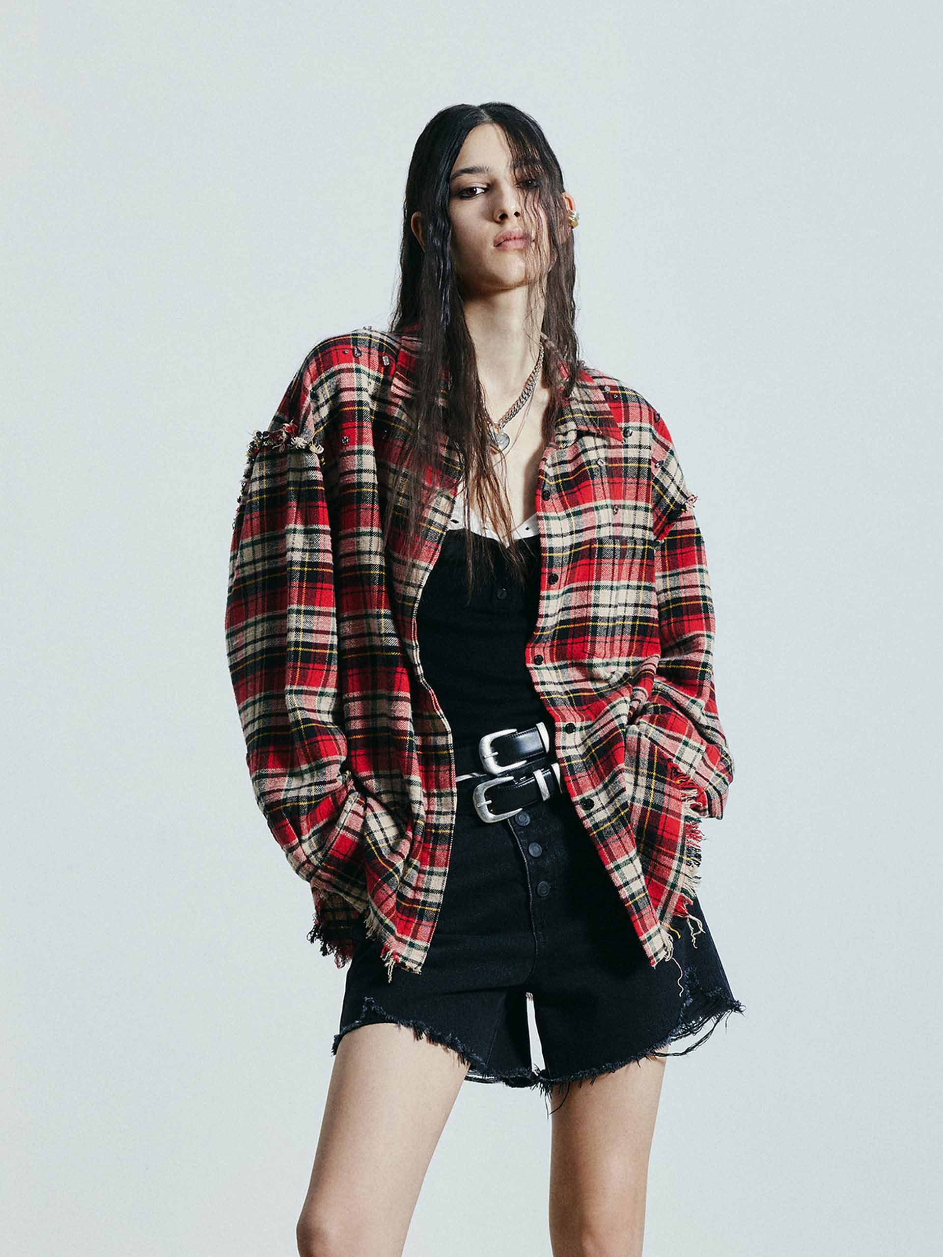 MO&Co. Women's Crystal Detail Plaid Shirt with Raw Edge