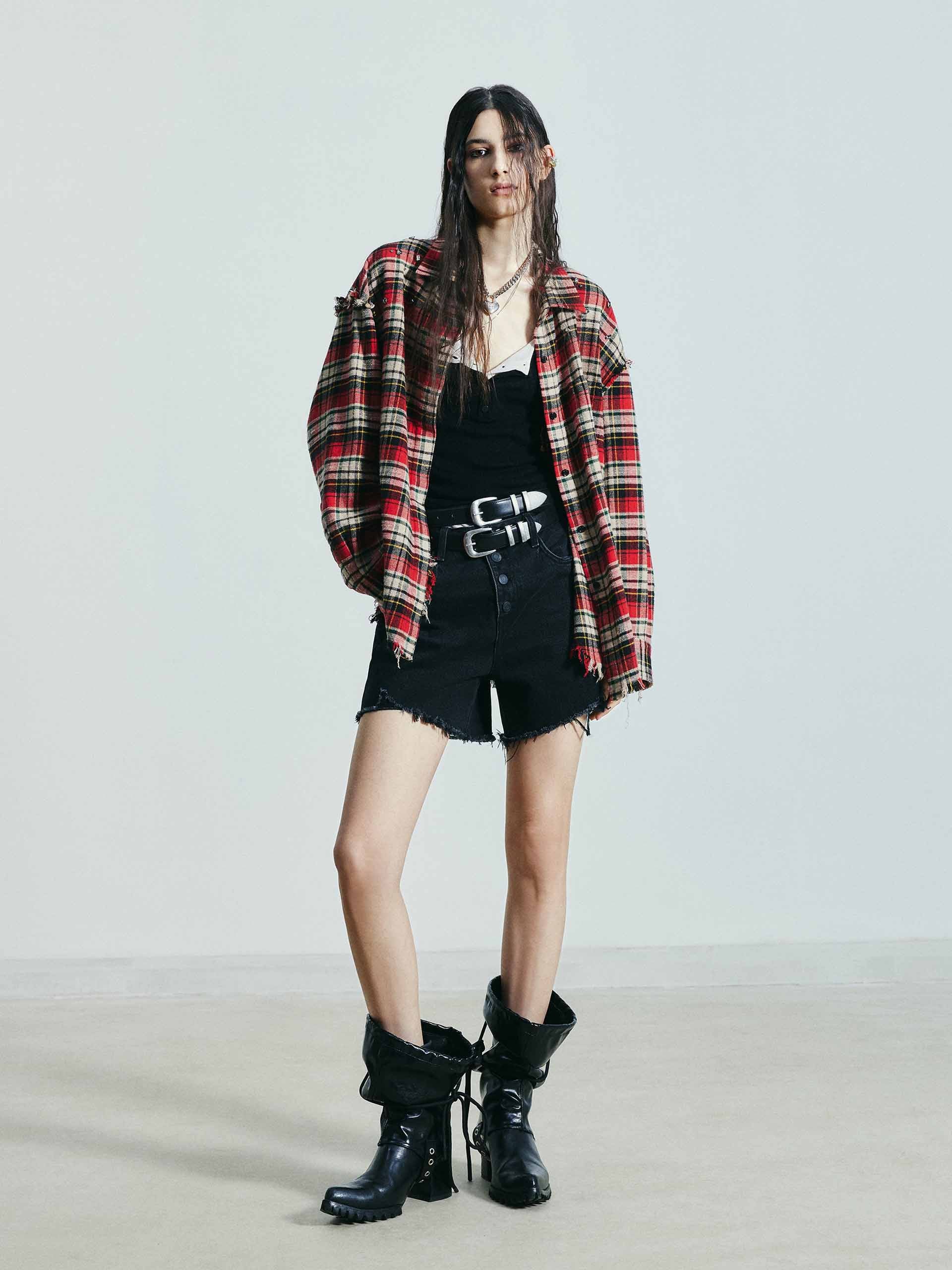 MO&Co. Women's Crystal Detail Plaid Shirt with Raw Edge