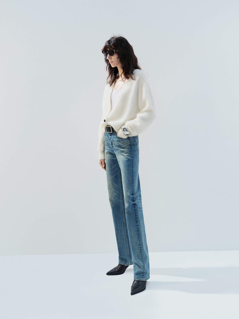 MO&Co. Noir Women's High Rise Full Length Cotton Blue Straight Jeans feature a regular fit and loose, straight legs for a relaxed look.