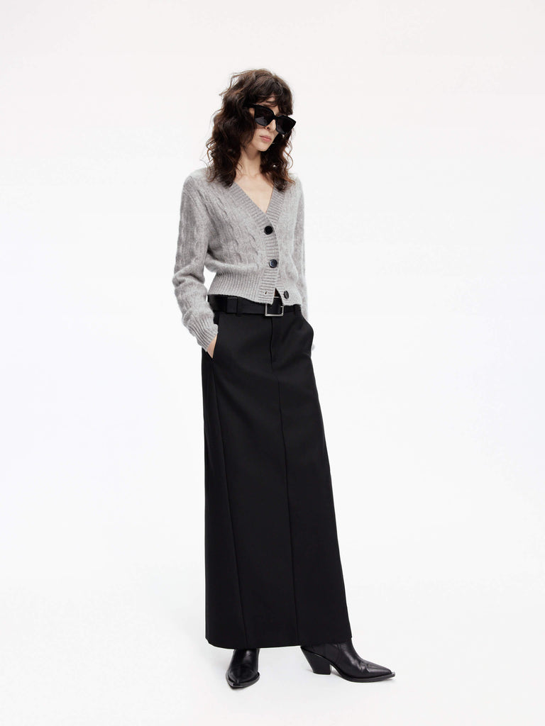 MO&Co. Women's Back Slit Wool Blend Black Maxi Skirt features straight cut