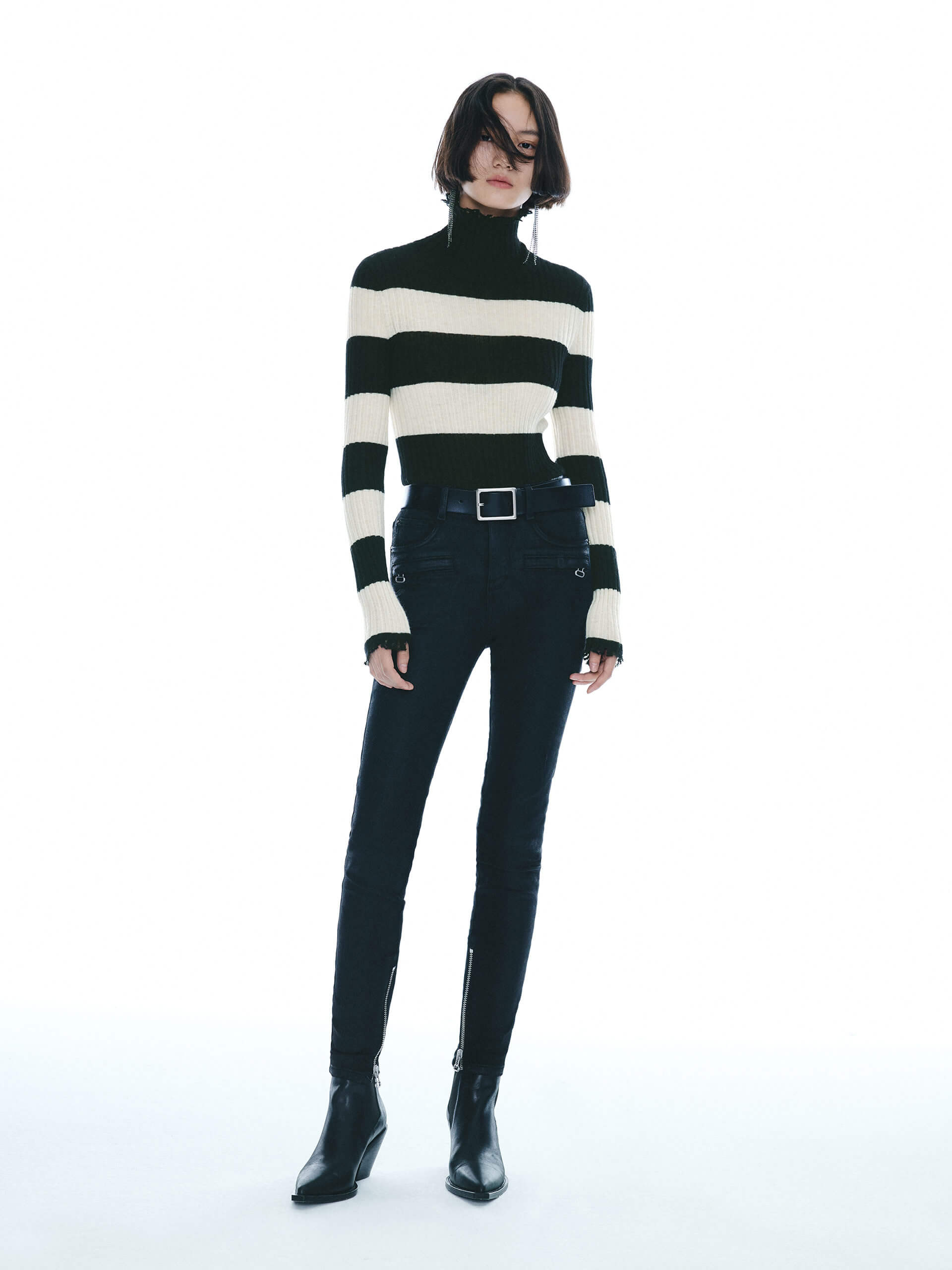 MO&Co. Noir Women's Include Mohair Wool Turtleneck Striped Top with Raw Neckline, cuffs and Hem