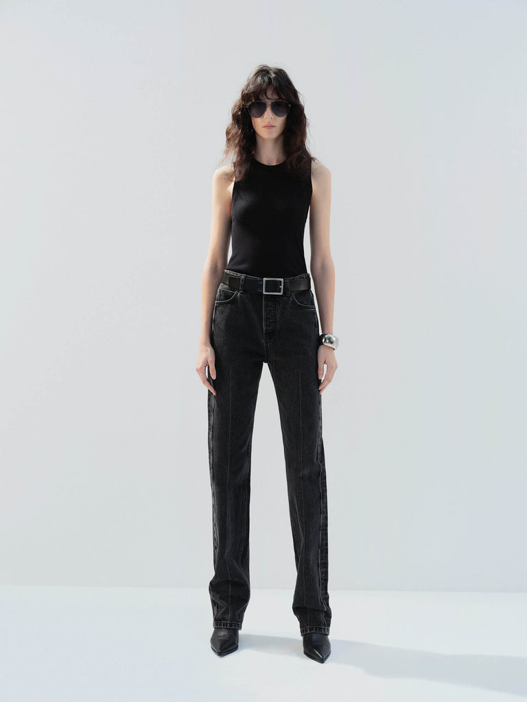 MO&Co. Noir Women's High Waist Black Straight Jeans Cotton features a regular fit, straight leg, and full length, these jeans also offer a button fly, five-pocket design, and a chic side-washed faded effect. 