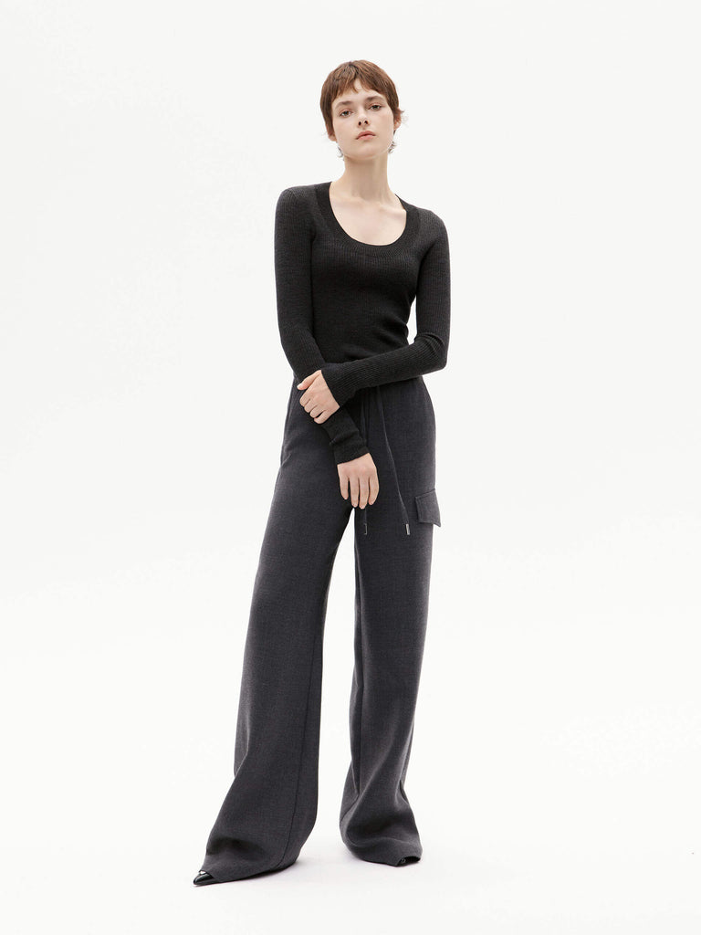 MO&Co. Women's Merino Fine Rib Knit Top Long Sleeves in Dark Grey