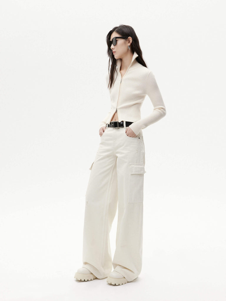 MO&Co. Women's White Full Length Wide Leg Cargo Jeans in Cotton