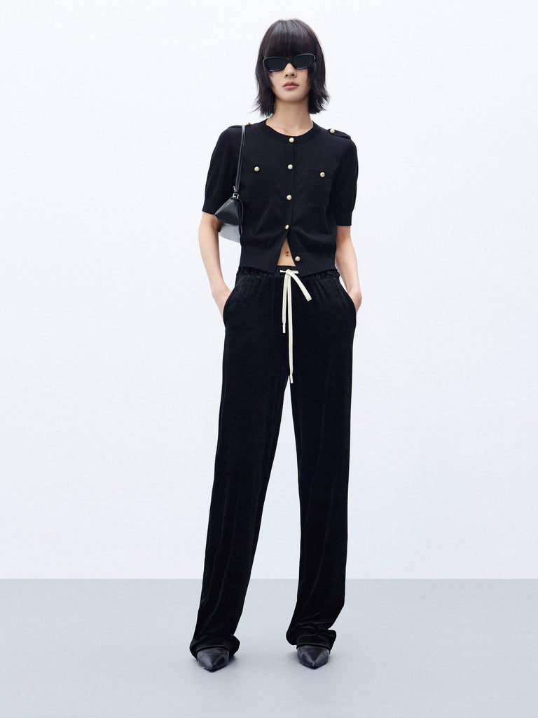 MO&Co. Women's Black Comfort Fit Velvet Drawstring Wide Leg Pants