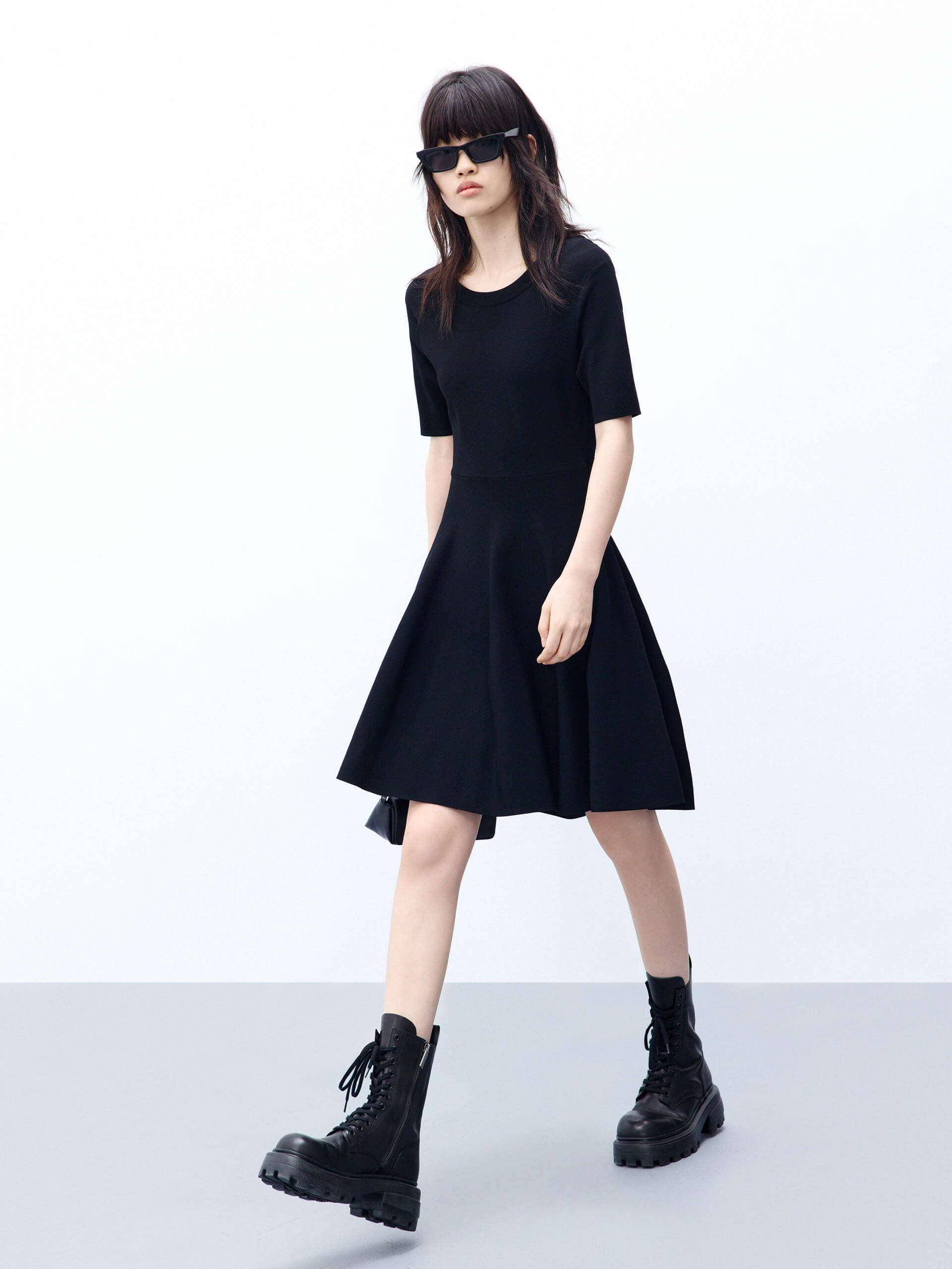 MO&Co. Women's Cut Out Back Short Sleeve Little Black Midi Dress