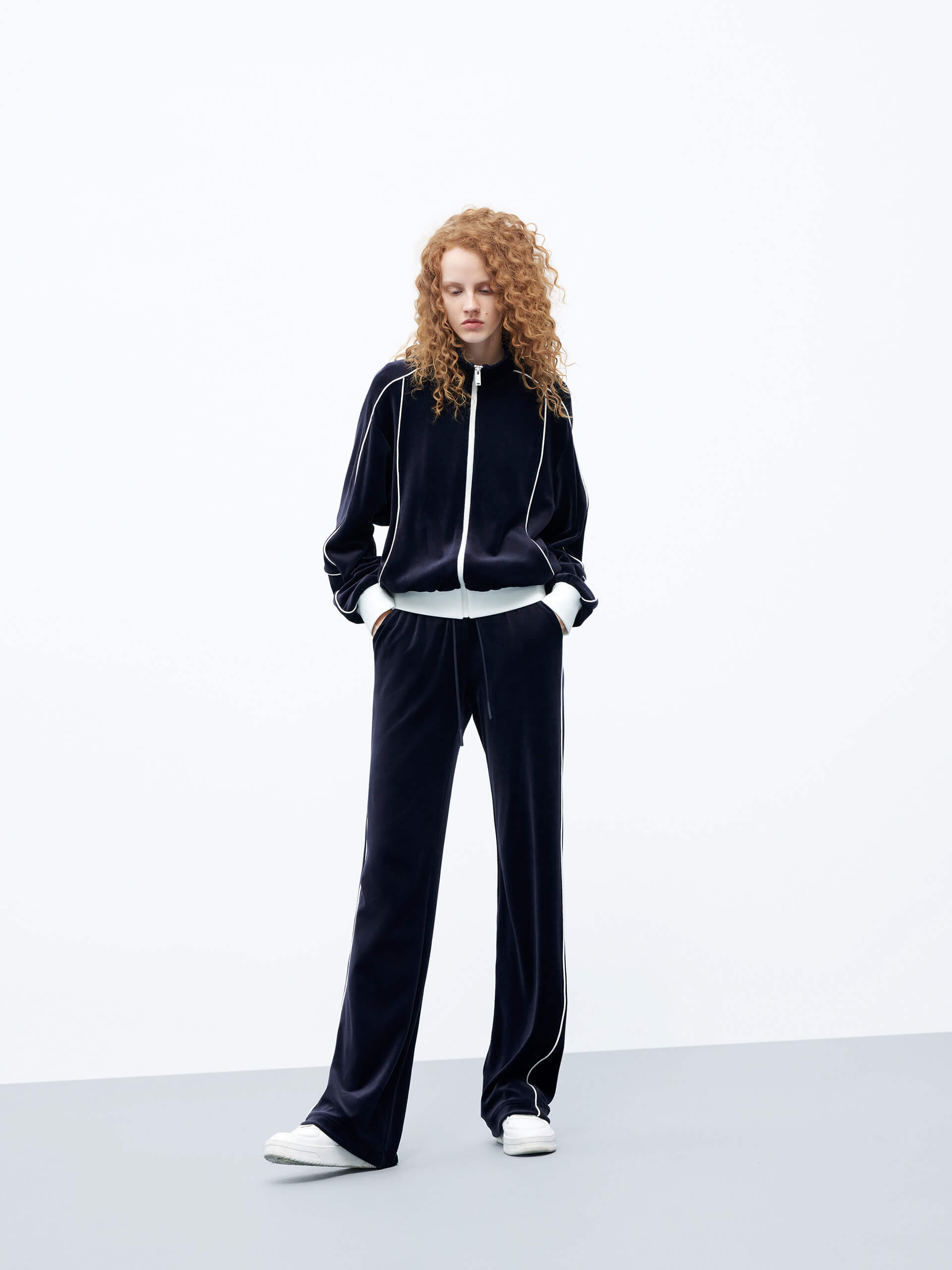 MO&Co. Women's Contrast Seam Zipped Velvet Touch Track Jacket in Navy