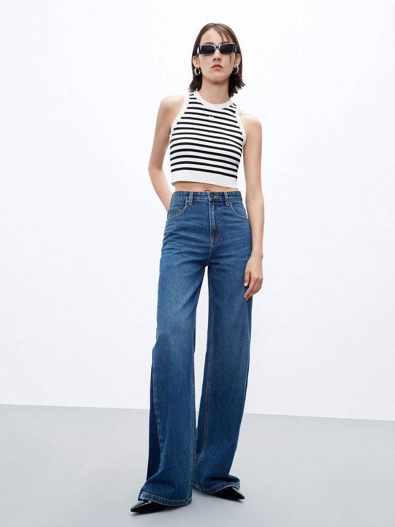 MO&Co. Women's Cotton Contrast Two Tone Detail Wide Leg Straight Jeans