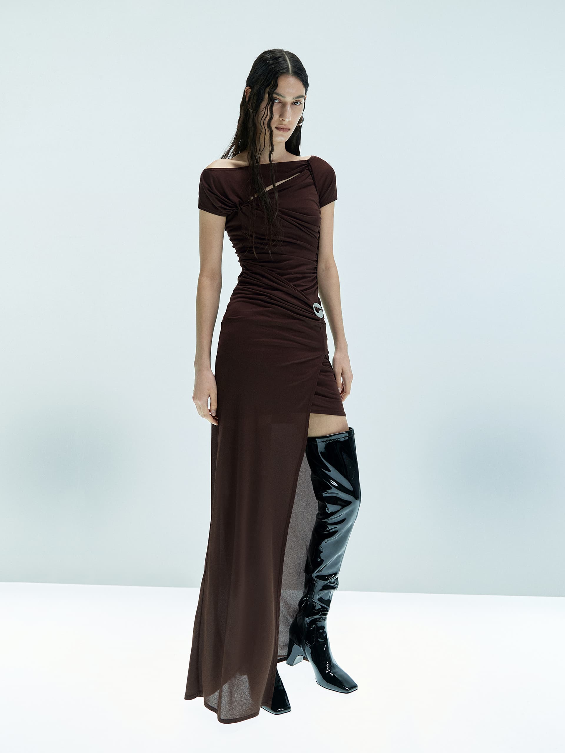 MO&Co. X Coperni Collection | Women's Asymmetric Draped Maxi Dress in Brown