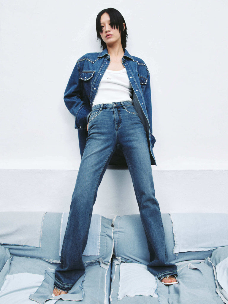 MO&Co. Women's Zircon Detail Straight-leg Flared Jeans in Blue