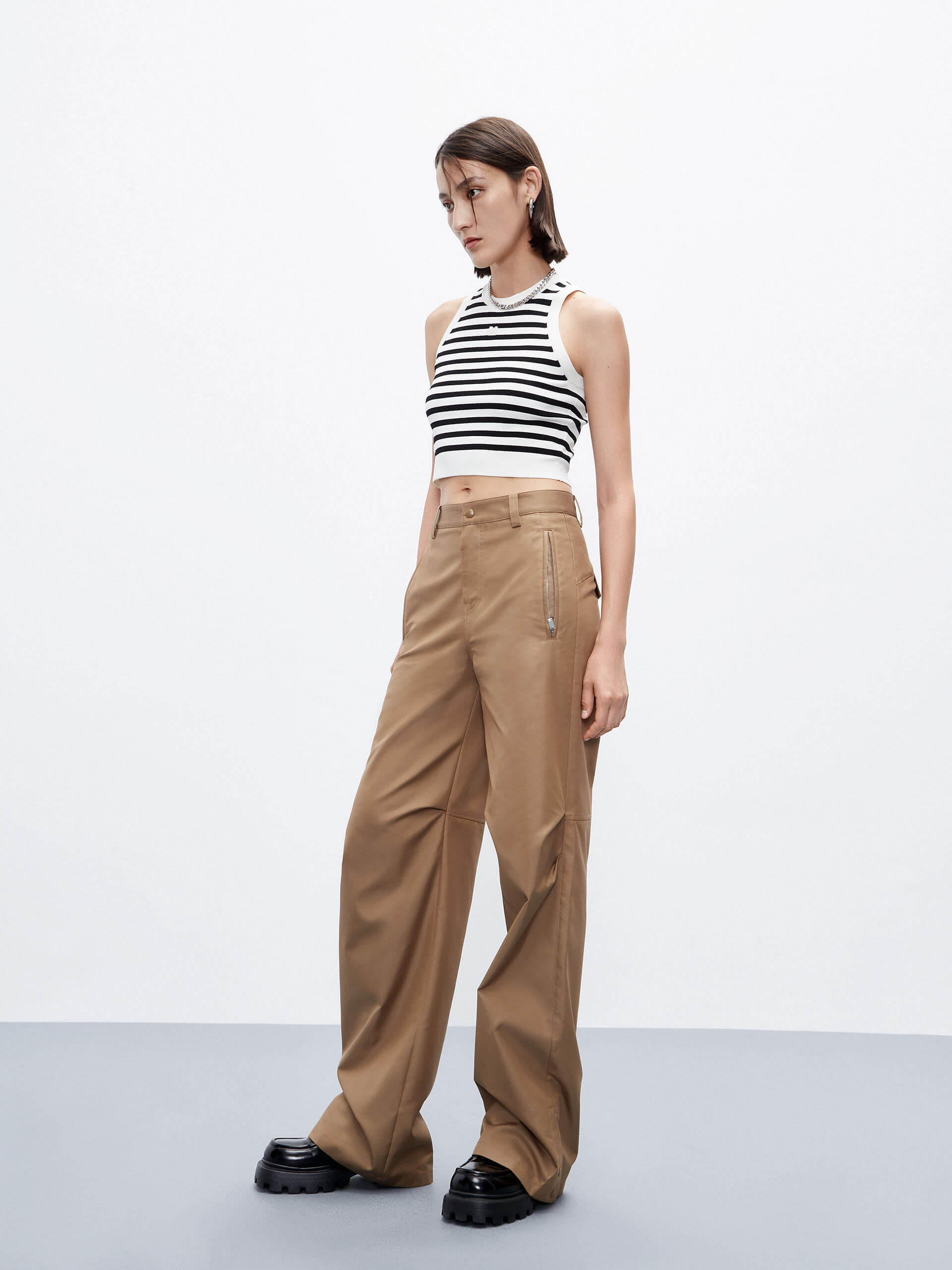 MO&Co. Women's High Waisted Knee Pleated Straight Pants Urbancore  in Camel