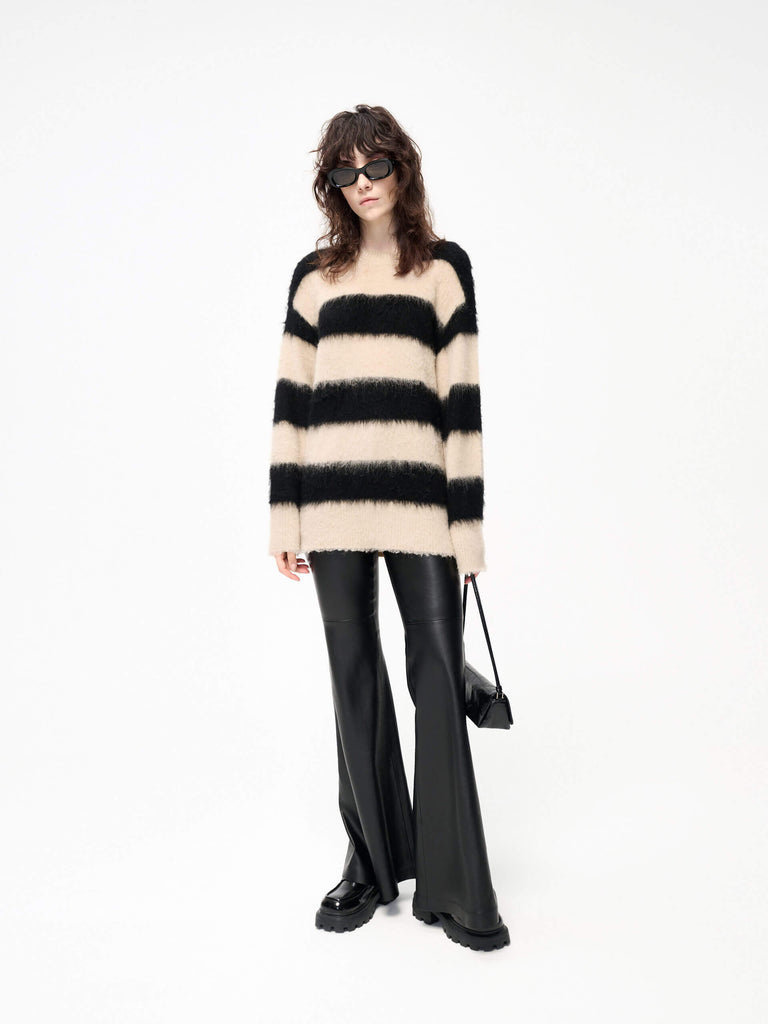 MO&Co. Women's Loose Striped Fluffy Knit Sweater Alpaca Fleece Blend in Camel and Black