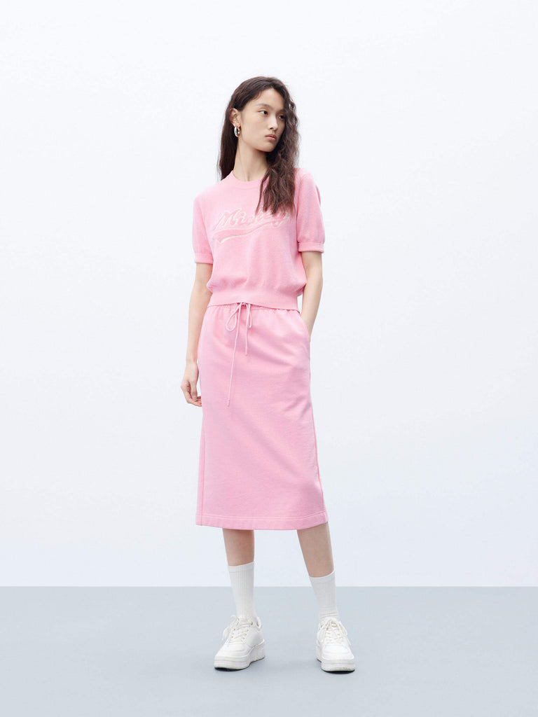 MO&Co. Women's Drawstring Waist Back Slit Casual Straight Midi Skirt Cotton in Pink