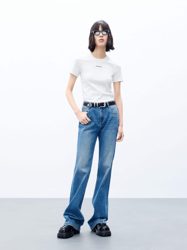 MO&Co. Women's Black Letter Print Cotton Blend Classic Slim Fit T-shirt