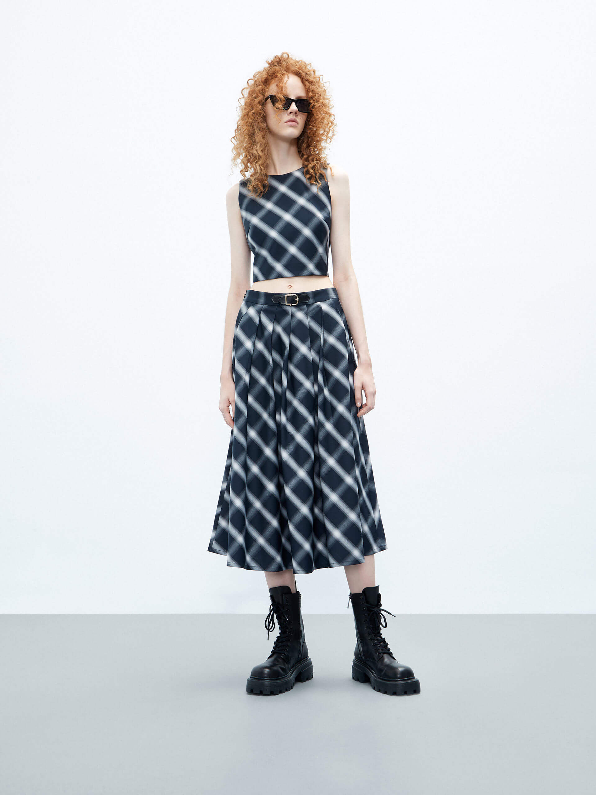 MO&Co. Women's Belt Detail Plaid Pleated Midi Skirt