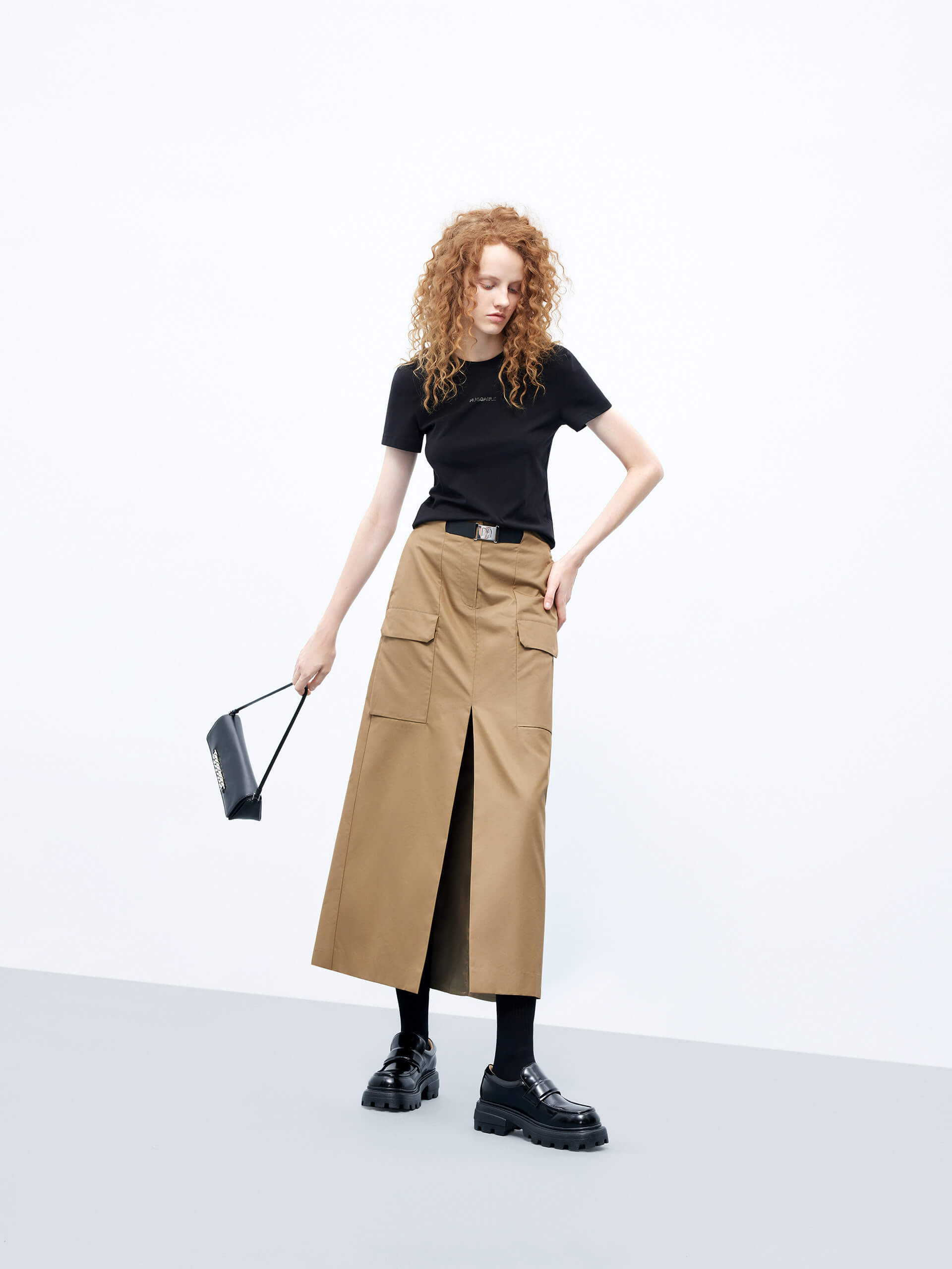 MO&Co. Women's Front Slit Belted Cargo Midi Skirt Urbancore in Camel/Khaki