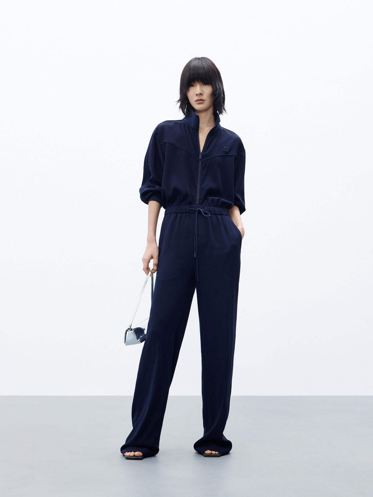 MO&Co. Women's Drawstring Waist Loose Jumpsuit in Navy Blue