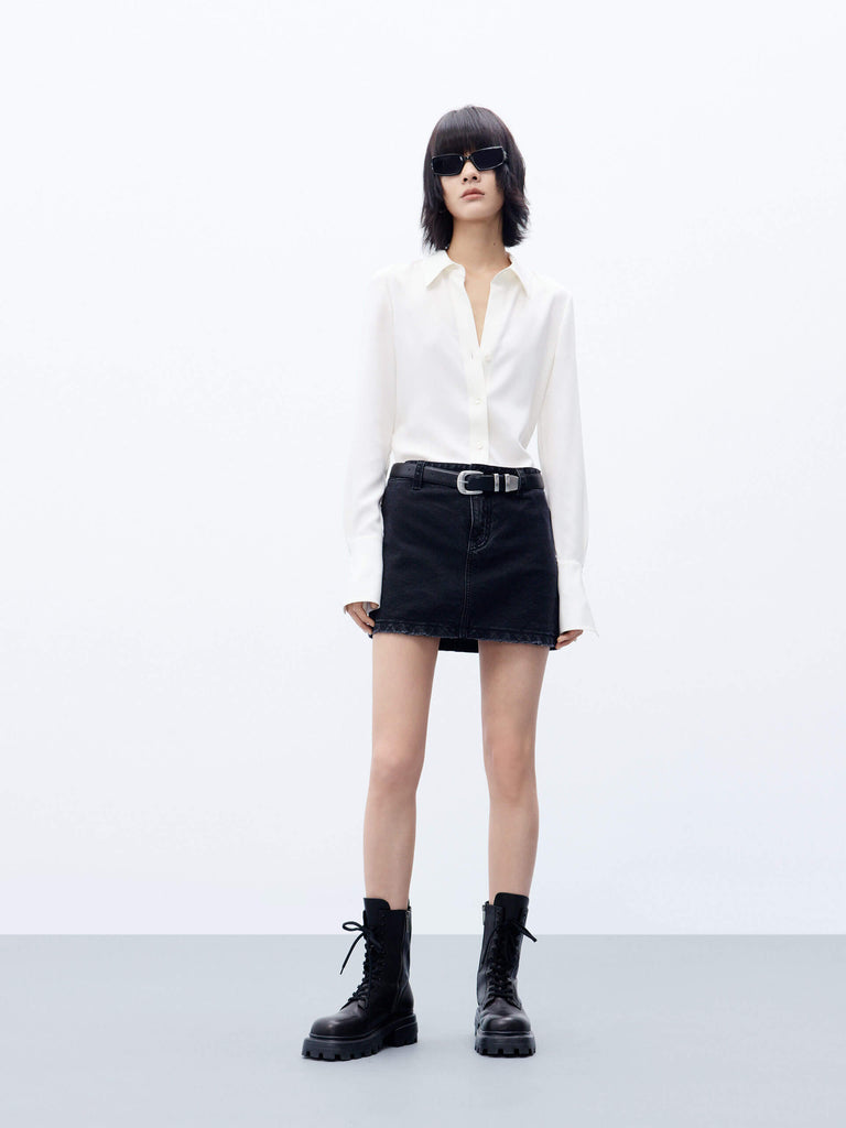 MO&Co. Women's Black A-line silhouette Cotton Denim Mini Skirt