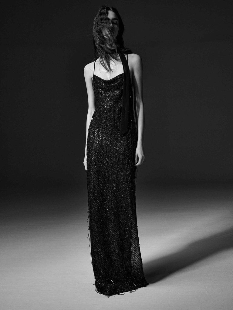 MO&Co. Noir Women's Fringed Detail Maxi Spaghetti Evening Dress Black