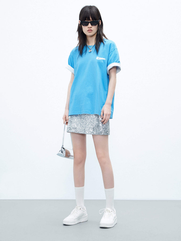 MO&Co. Women's Drop Shoulder Cotton Short Sleeves T-shirt in Blue