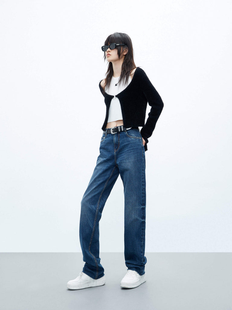 MO&Co. Women's Vintage Blue Raw Hem Midi Rise Straight Leg Jeans