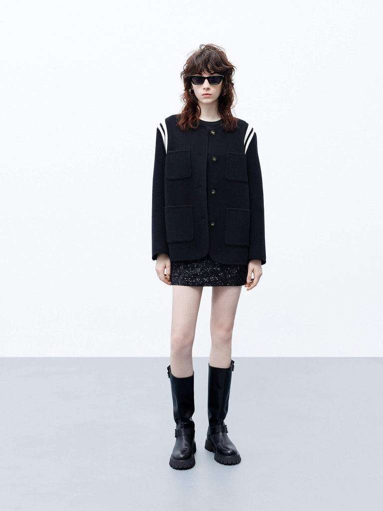 MO&Co. Women's Wool Blend Contrast Trim Collarless Jacket Black