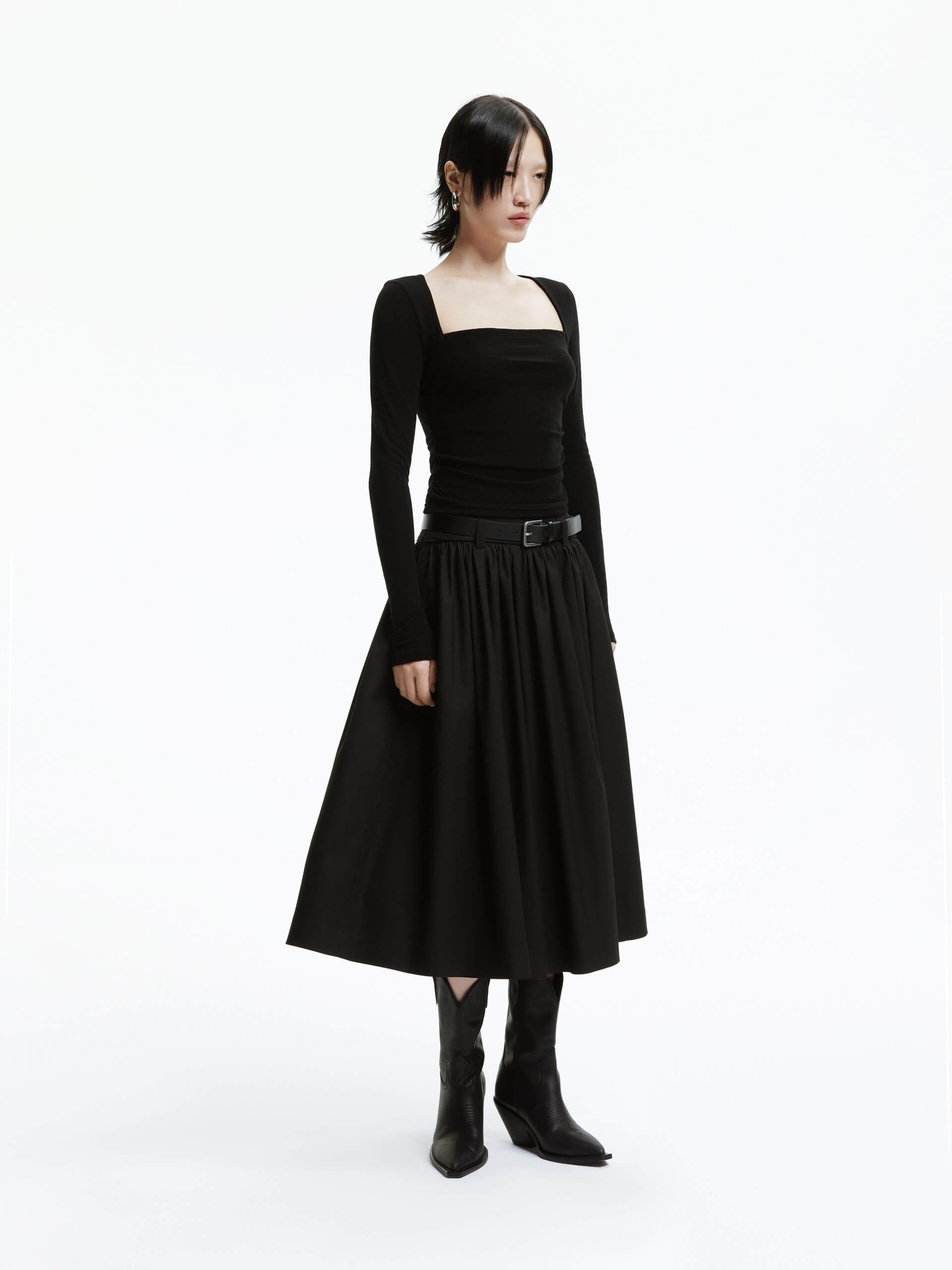 MO&Co. Women's A-line Pleated Midi Skirt with Belt Side Pockets in Black