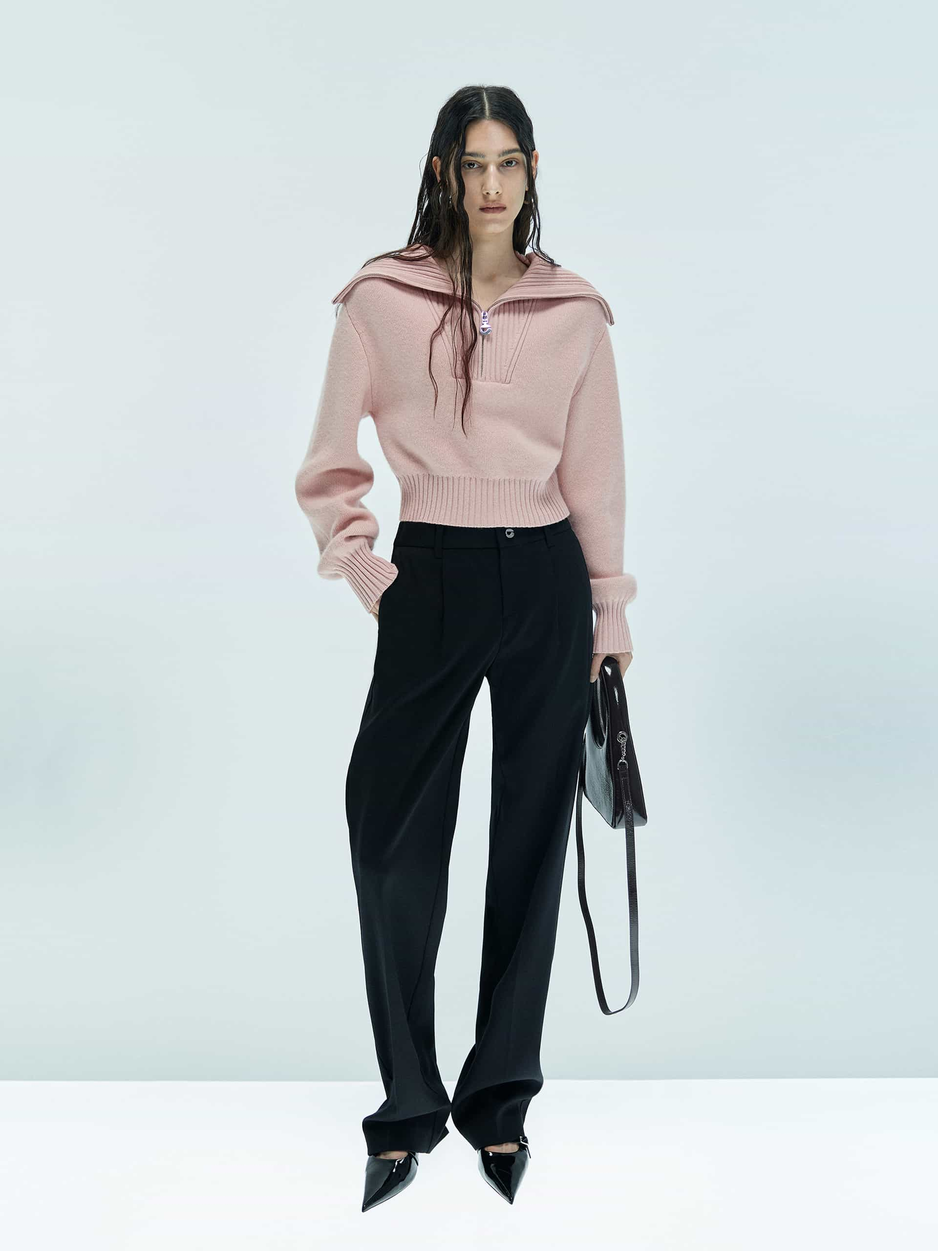 MO&Co. X Coperni Collection | Women's Wide Lapel Zip Detail Pullover in Pink