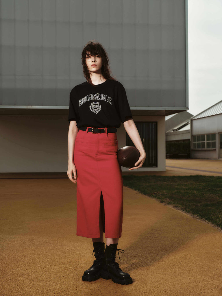 MO&Co. Women's Red Straight Cut Front Slit Cotton Denim Skirt in Midi
