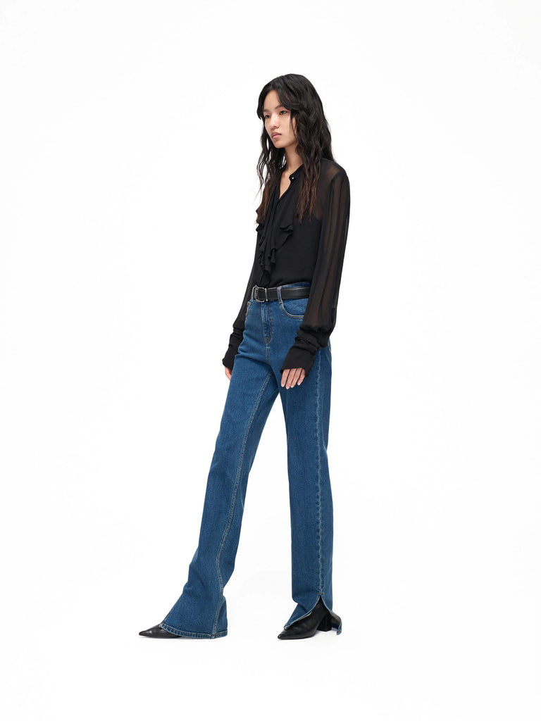 MO&Co. Women's Straight Fit High Waisted Side Slit Jeans Indigo Blue