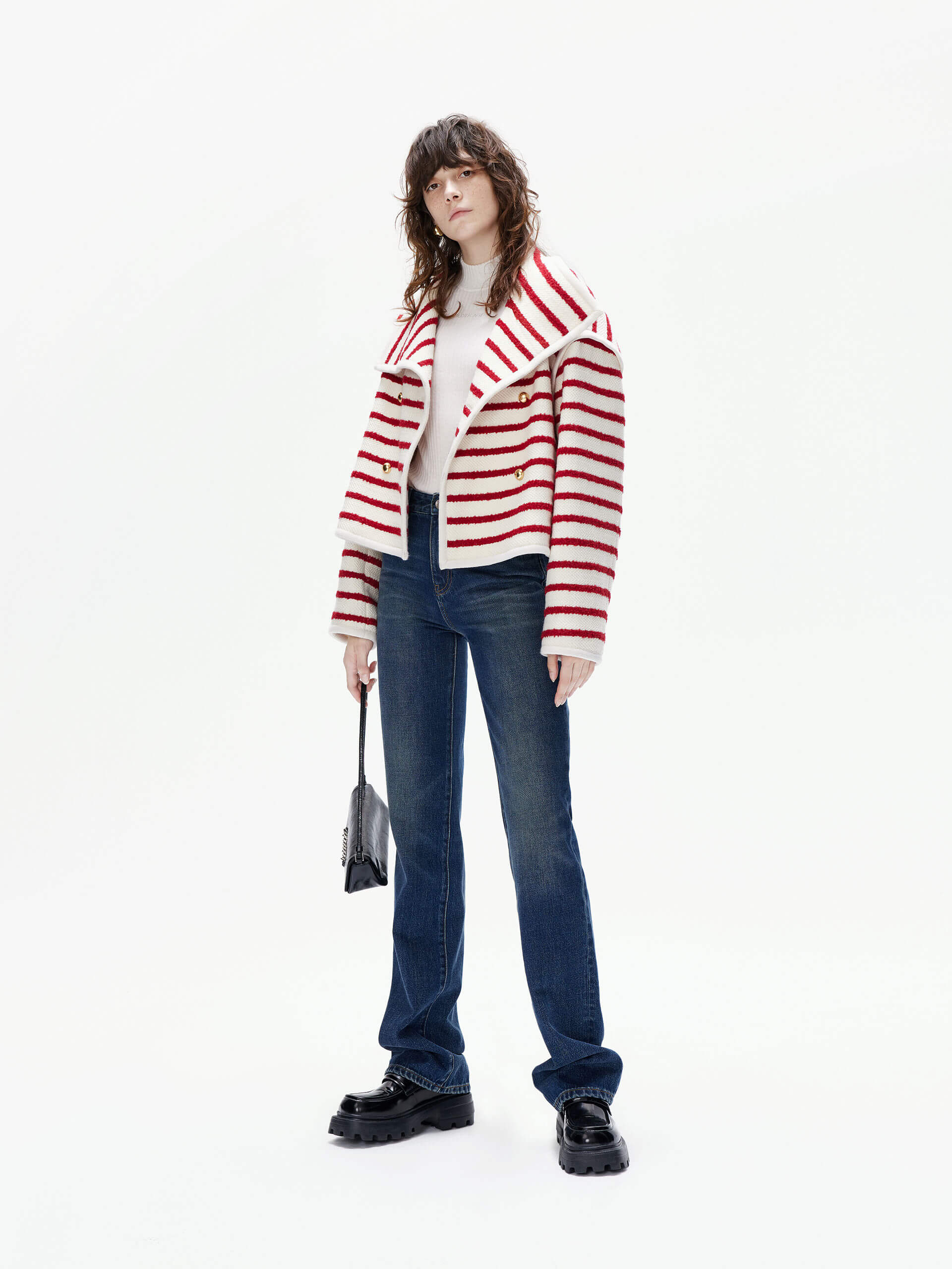 MO&Co. Women's Wool Blend Striped Funnel Neck Coat in Red and Cream