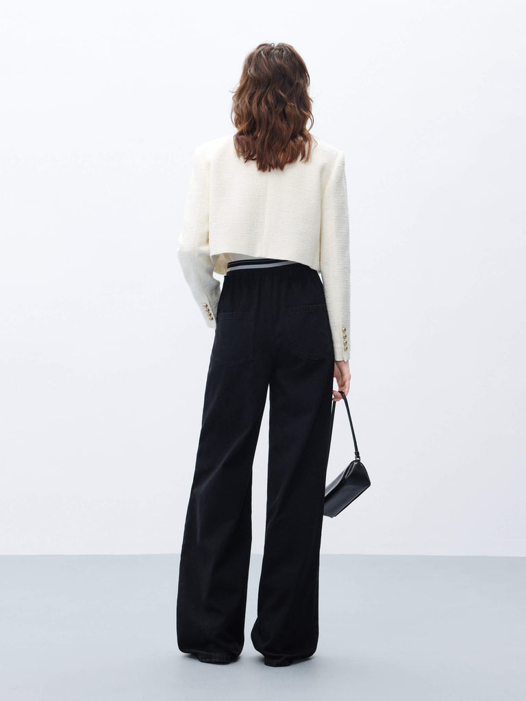 MO&Co. Women's Black Cotton Elastic Waist Wide Leg Jeans