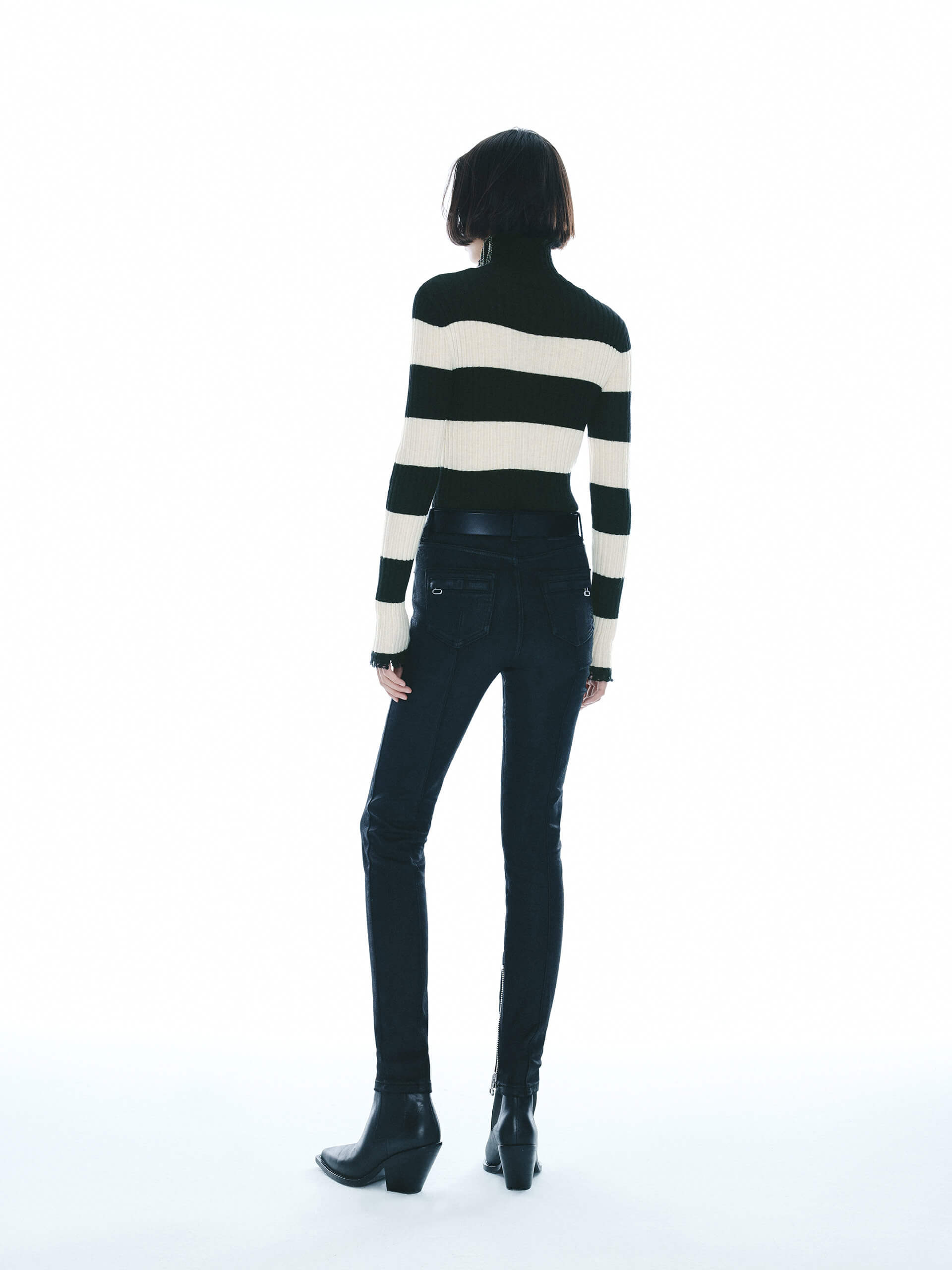 MO&Co. Noir Women's Include Mohair Wool Turtleneck Striped Top with Raw Neckline, cuffs and Hem