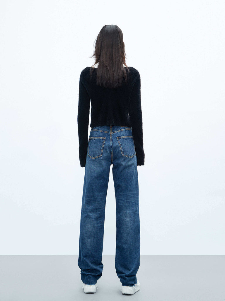 MO&Co. Women's Vintage Blue Raw Hem Midi Rise Straight Leg Jeans
