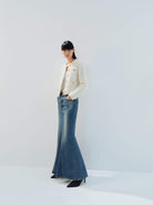 MO&Co. Noir Women's Pure Cotton A-line Paneled Denim Maxi Skirt Blue