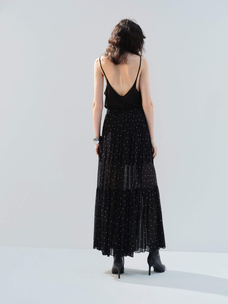 MO&Co. Noir Women's Polka-dot Silk Maxi Flowy Skirt Elegant and A-line