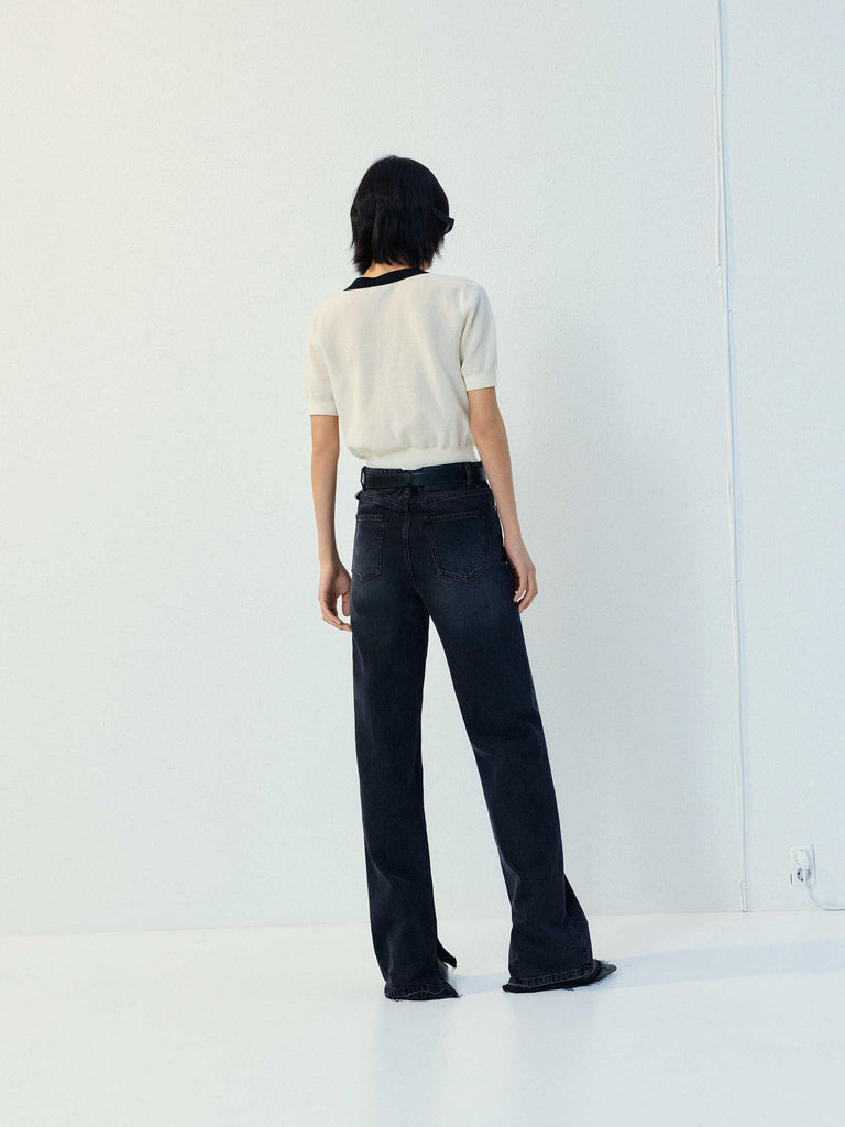 MO&Co. Women's Side Slit Raw Hems Full Length Straight Leg Jeans in Black